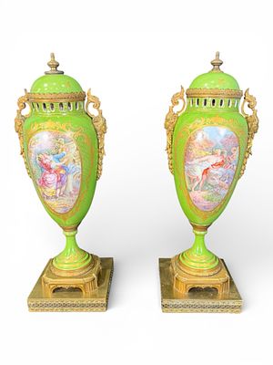 Pair of Austrian Green Ground Covered Urn Vases with Bronze Mounts — Late 19th Century. A 