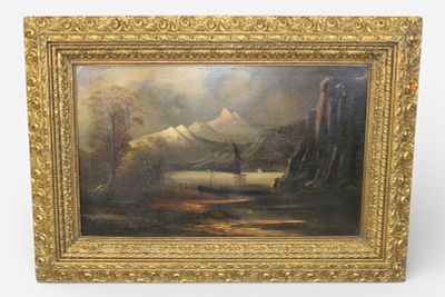 Early Oil on Canvas Landscape, Nocturnal Lake Scene. Oil on canvas depicting a dramatic 