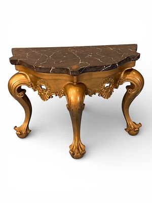 Louis XV Style Giltwood Console Table with Faux Black Marble Top. Impressive Louis XV style 