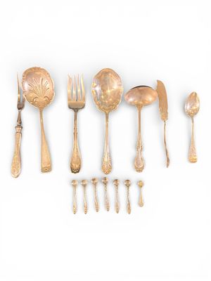 Group of Fourteen (14) Assorted Sterling Silver Serving Pieces and Salt Spoons. A mixed lot of 