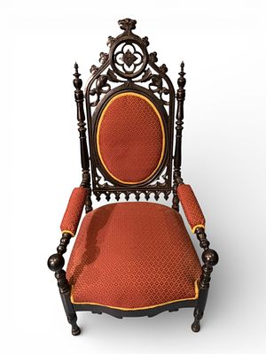 American Gothic Armchair. Striking and highly decorative American Gothic armchair, likely 