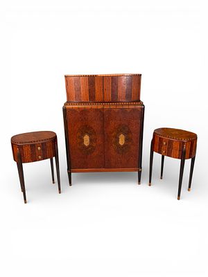 Royal Furniture Art Deco Chest with Matching Nightstands. A striking American Art Deco bedroom 