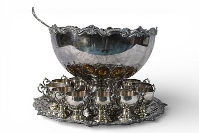 Large Silver Plate Punch Bowl Set with Twelve Cups, Ladle, and Tray. Impressive silver plate 