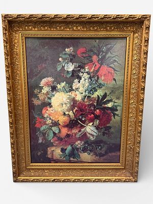 Oil on Canvas Floral Still Life, After Jan van Huysum. A large and decorative oil on canvas 