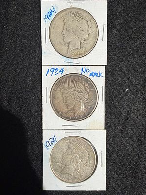 Three (3) 1924 Peace Silver Dollars Philadelphia Mint (No Mintmark) .900 Fine Silver. Group of 
