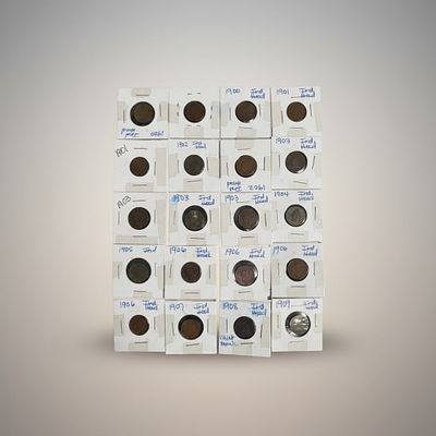 Twenty (20) Indian Head Cents 1900-1908 Late-Series Bronze Issues. Group of twenty Indian Head 