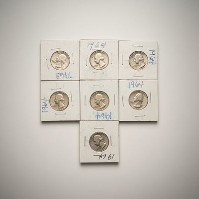 Seven (7) Washington Silver Quarters Mixed Dates (Per Holders). Group of seven (7) Washington 