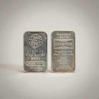 Two 1 Troy Ounce .999 Fine Silver Bars Engelhard (Serialized) and Western Auto Champion 1983. Lot 