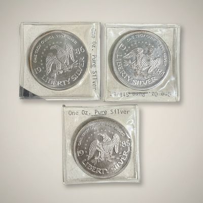 Three 1 Troy Ounce .999 Fine Silver "Liberty Silver" Rounds 1984, 1985, 1986. Set of three 1 