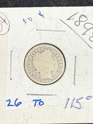 1898 Barber Dime. United States silver dime dated 1898, Barber type designed by Charles E. 