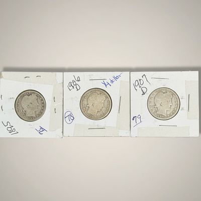 Group of Three Barber Silver Quarters, 1895, 1906, and 1907. Group of three United States Barber 