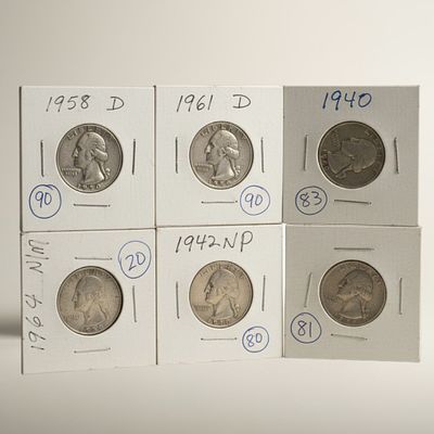 Group of Ten Washington Silver Quarters, 1940?1961. Collection of ten United States Washington 