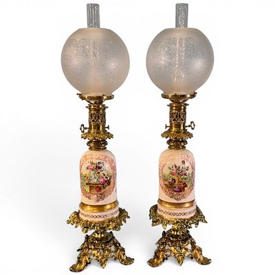 Pair Victorian Gilt Brass and Porcelain Parlor Lamps. Fine pair of Victorian gilt brass and 