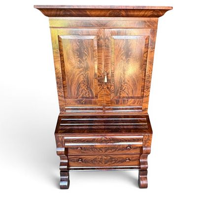 American Empire Flame Mahogany Secretary Bookcase. American Empire secretary bookcase, mid 19th 