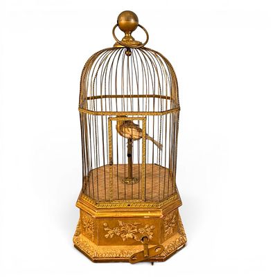 Gilt Metal Singing Bird Automaton Cage, 19th century. Gilt metal mechanical singing bird 