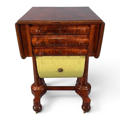 American Classical Figured Mahogany Drop-Leaf Work/Sewing Table, Attr. to Isaac Vose, c. 1820-1830. 