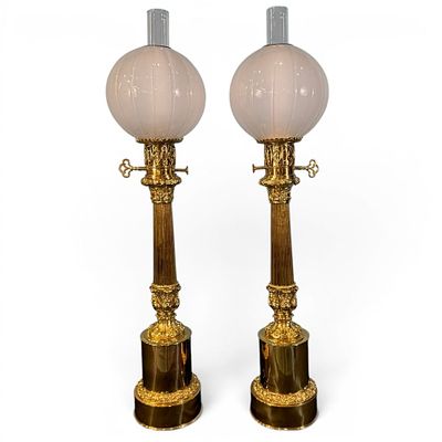 Pair French Brass Lampe Moderateur Oil Lamps. Pair of 19th century French brass lampe moderateur 