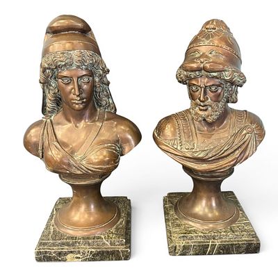 Pair of Large Classical Revival Patinated Bronze Figural Busts on Marble Bases. Pair of large 