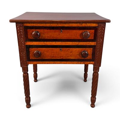 American Sheraton Mixed-Wood Two-Drawer Work Table, circa 1830. A fine American Sheraton 