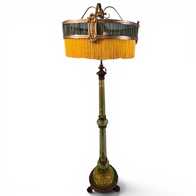 Fine Art Deco Green Glass Floor Lamp with Fringed Shade. Fine Art Deco floor lamp, circa 