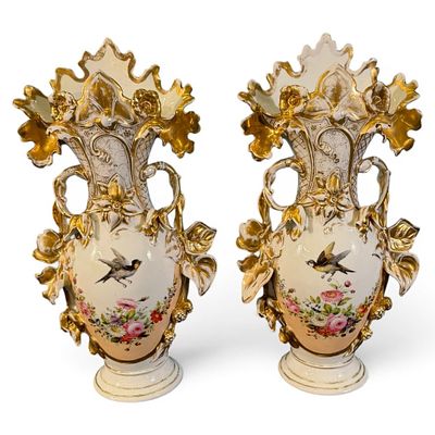 Pair Old Paris Porcelain Rococo Revival Vases. Pair of Old Paris porcelain Rococo Revival vases 