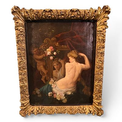Oil on Canvas After Francois Boucher, The Toilette of Venus, 19th C. Large 19th century oil on 