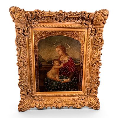 Enrique Ortiz Signed Madonna and Child Oil on Canvas. Oil on canvas depicting the Madonna and 