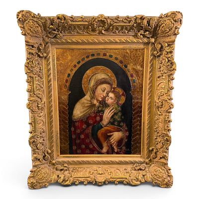 Enrique Ortiz Signed Madonna and Child Oil on Canvas. Oil on canvas depicting the Madonna and 