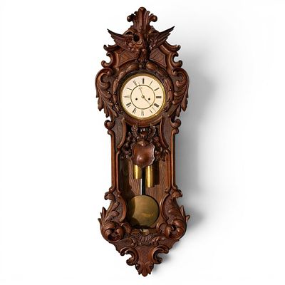 Attributed Lenzkirch Large Vienna Style Carved Walnut Wall Clock. Attributed Lenzkirch Vienna 