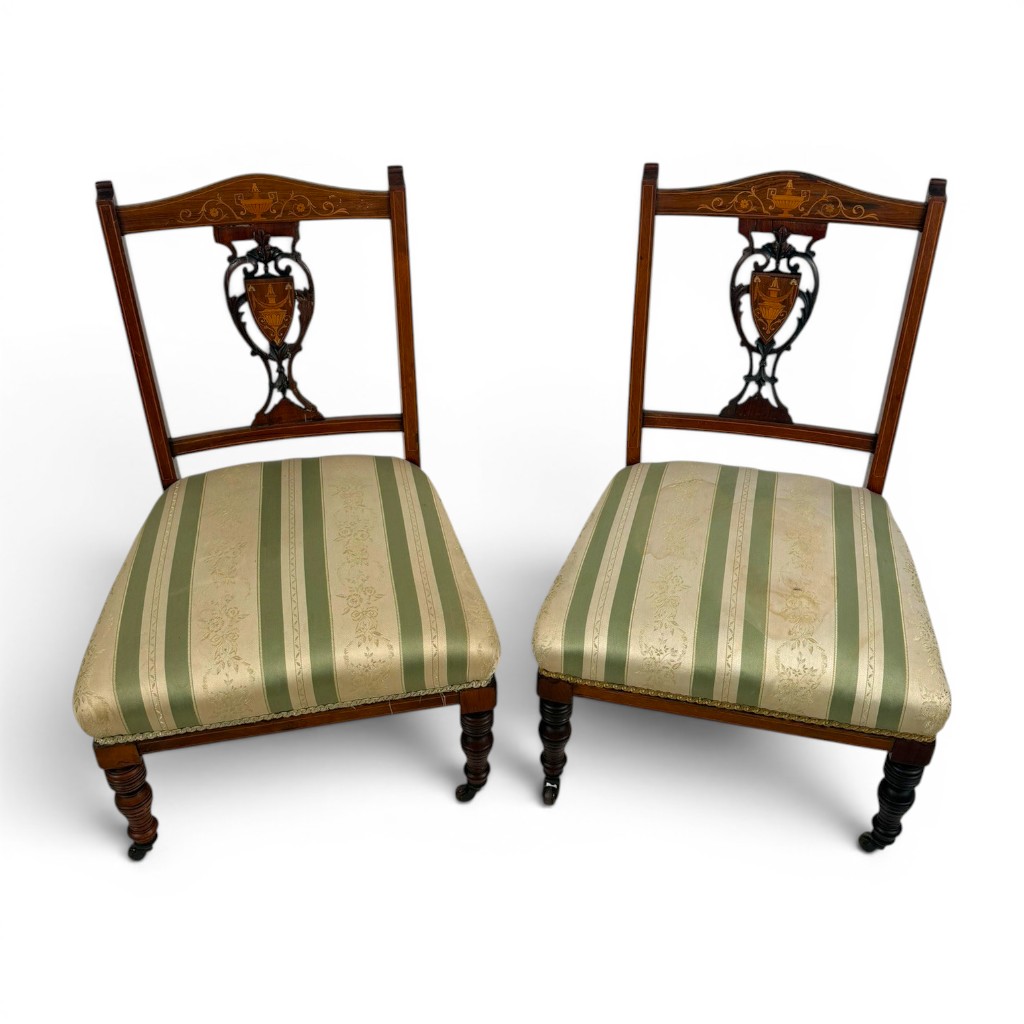 Pair Edwardian Inlaid Mahogany Chairs