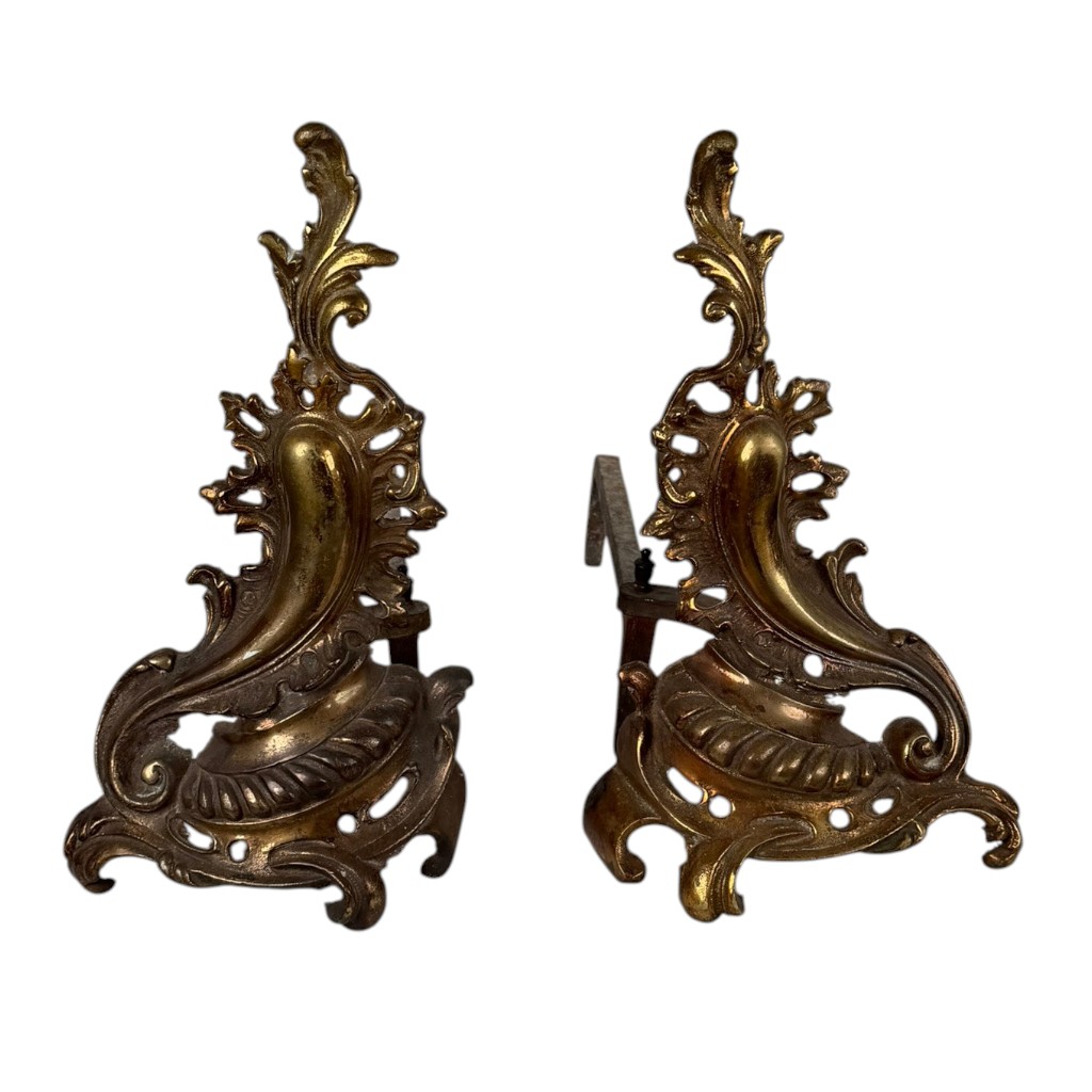 Pair Rococo Revival Brass Andirons