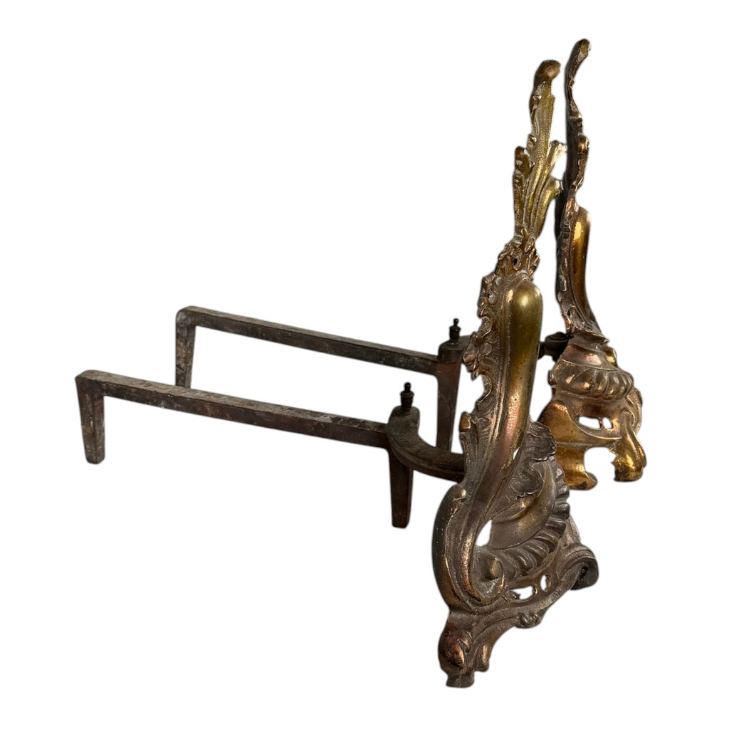 Pair Rococo Revival Brass Andirons