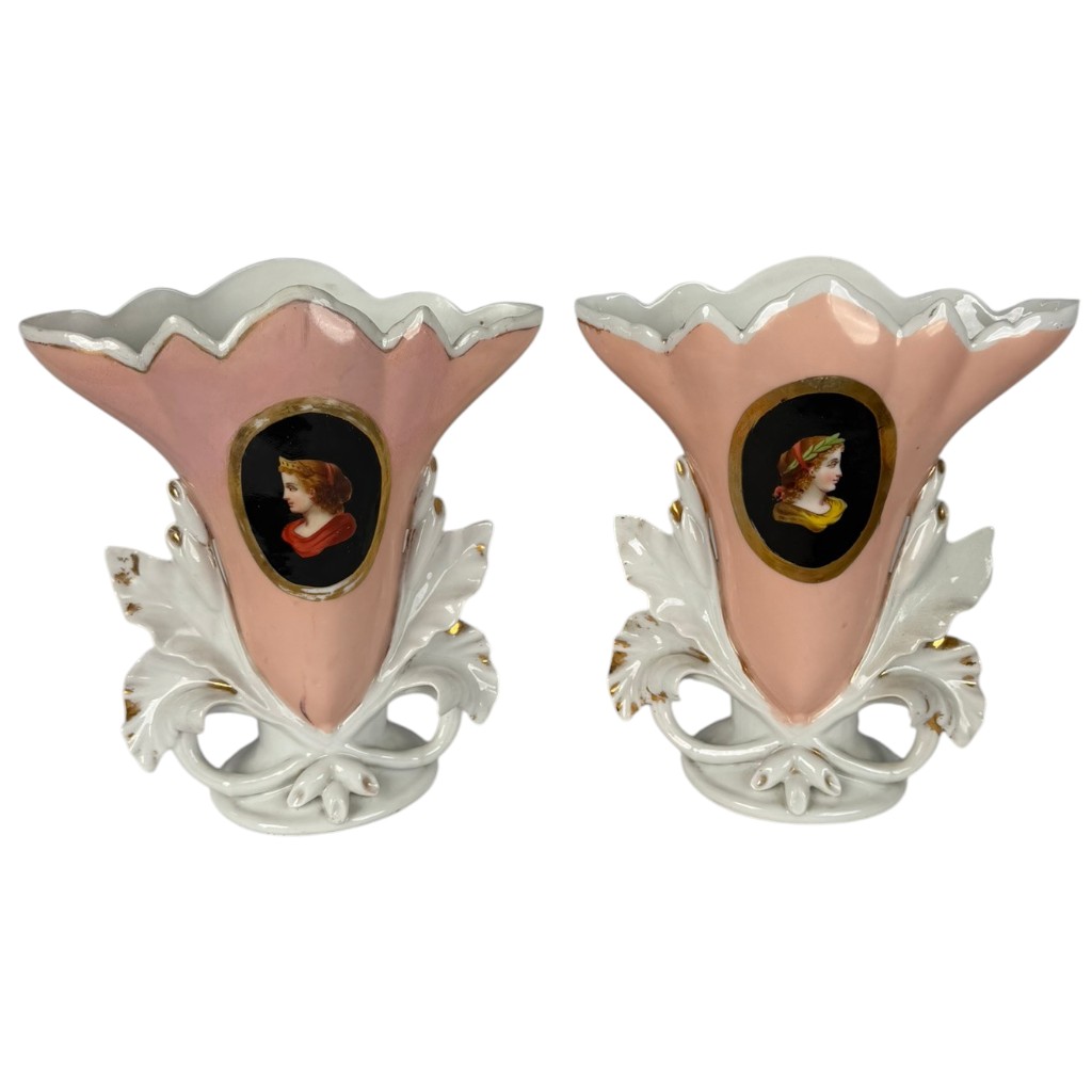 Pair Old Paris Porcelain Portrait Vases