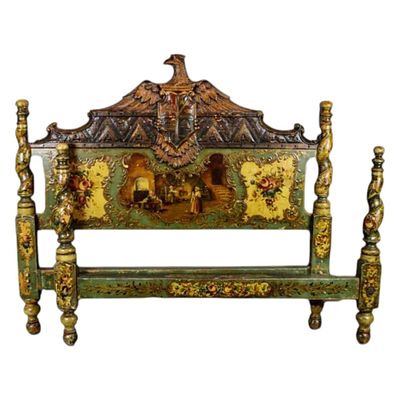 Polychrome & Gilt Eagle Crest Carved Bed. Origin: European Date: Probably late 19th century 