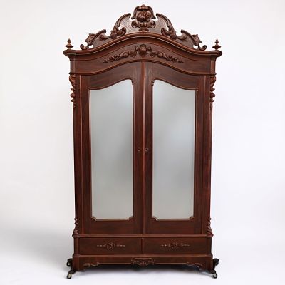 Rococo Mahogany & Maple Mirrored Wardrobe. Origin: Probably American Date: Circa 1860-1875 