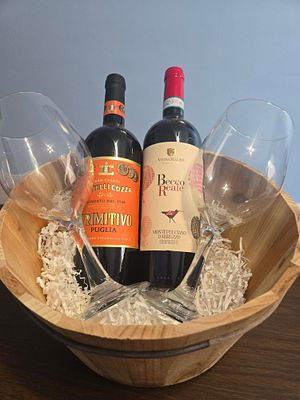 "Vino Italiano" 2 bottles of imported Italian wine and 2 glasses.