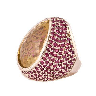 37. Ring with a large citrine and rose tourmalines pav&eacute;. 925 silver. Multifaceted pear cut 
