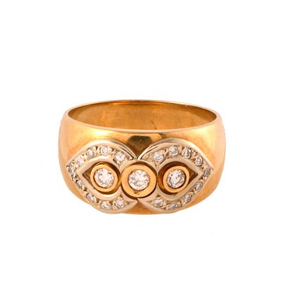 48. Diamonds wide ring, 1990's. 18kt yellow gold with white gold views. Brilliant cut diamonds. 