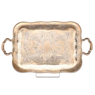 6. Tray with handles, 20th century. Silver. Decorated with plant motifs. Hallmarks on the base. 