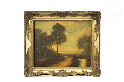 Bernard Denauge (19th century) ‘Lady on the Road’. Oil on canvas. Wooded landscape with a 