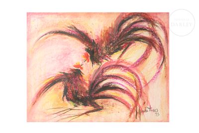 Maria Torres (20th century) ‘Cockfight’, 1993. Crayon on paper. Signed in the lower right corner 