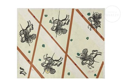&Aacute;ngel Ram&iacute;rez (20th centurie) “Horsemen,” 2004. Serigraphy on canvas. The figures of horsemen 