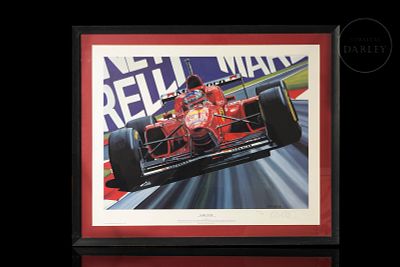 Commemorative print by Colin Carter, “Scarlet Fever,” Italian Grand Prix, 1996. Print designed 
