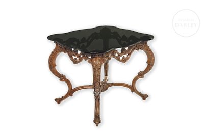 Mariano Garc&iacute;a (20th century) Louis XV style side table. Wooden side table with black glass top 