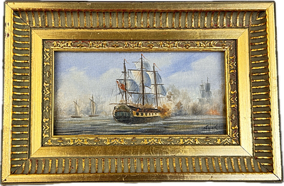 Marina. Velero de tres mastiles, escena de abordaje. &Oacute;leo sobre lienzo maruflado sobre una 