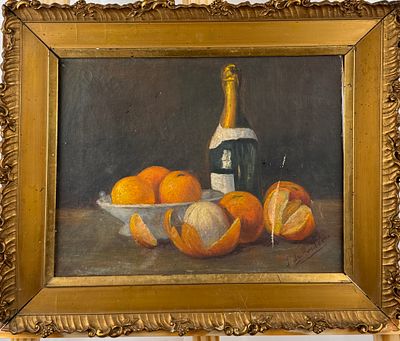 Bodeg&oacute;n con naranjas. Oleo sobre lienzo. Firma en la esquina inferior derecha a descifrar. 