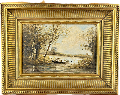 Paisaje- Barca en la orilla de un lago. PAISAJE - Barca en la orilla de un lago- Oleo sobre 