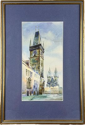 Acuarela- Torre del reloj astron&oacute;mico e iglesia de Nuestra se&ntilde;ora de TYN, Praga-. Acuarela- 
