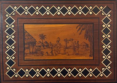 E. DE SOUZA-1942- REINO DAHOMEY- Inusual panel decorativo &eacute;tnico de marqueter&iacute;a de maderas nobles. 