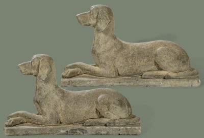 Pareja de leones de arenisca para jard&iacute;n. S. XX. 
. Pareja de leones de 